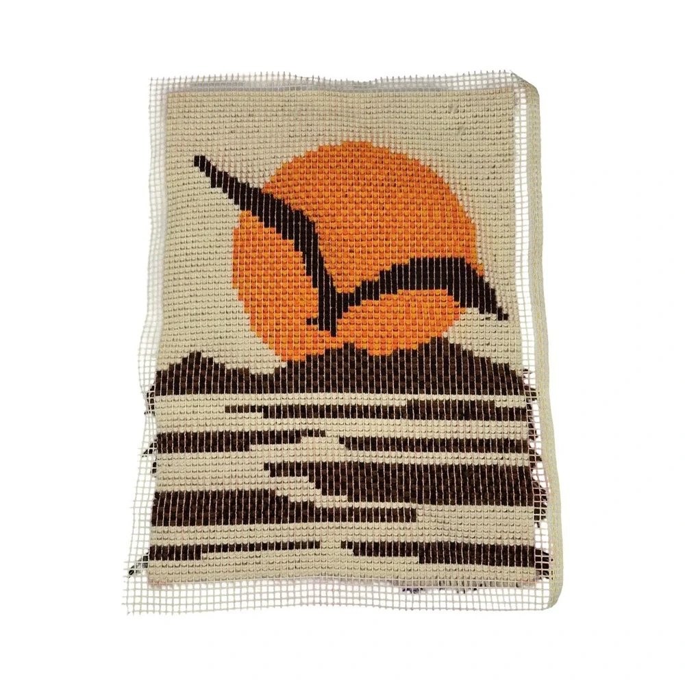 VTG 70s MCM Latch Hook Rug Wall Hanging Sunset Bird Retro Decor Orange Brown